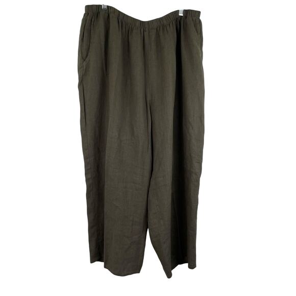 FLAX Army Green Women's Baggy Wide Leg Ankle Pants 100% Linen Size 3X Lagenlook - Picture 1 of 14